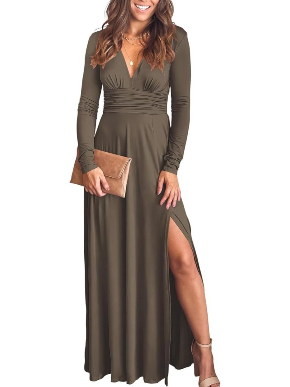 Women's Brown Summer Long Sleeve Deep V Neck Wedding Guest Formal Maxi Dresses